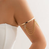 Minimalist Layered CZ Inlaid Cross Chain Tassel Arm Cuff