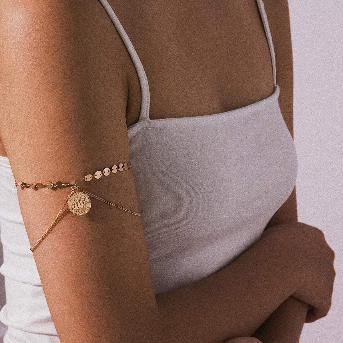 Minimalist Layered Relief Coin Pendant Sequins Arm Cuff - Chic Gold Silver Tone Sequins Chain Cuff Bracelet - Layered Upper Arm Band