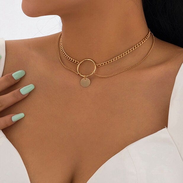 Minimalist Layered Sequin Ring Charm Choker Necklace
