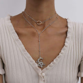 Multi-layer Gold Silver Tone Beaded Long Chain Rhinestone Inlaid Dragon Pendant Choker Necklace Set