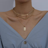 Multi-Layer Gold Silver Tone Embossed Rectangle Charm Pendant Rope Chain Choker Necklace Set