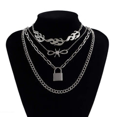 Multi-layer Silver Tone Lock & Bow Charm Pendant Fire Flame Cool Choker Necklace Set