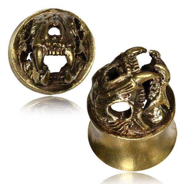 One of A Kind Reptile Dinosaur Brass Double Flared Ear Plugs Gauges