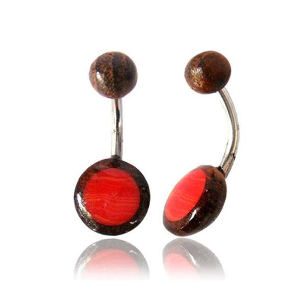 OrganicTamarind Wood and Coral Flat Disc Surgical Steel Belly Button Navel Ring