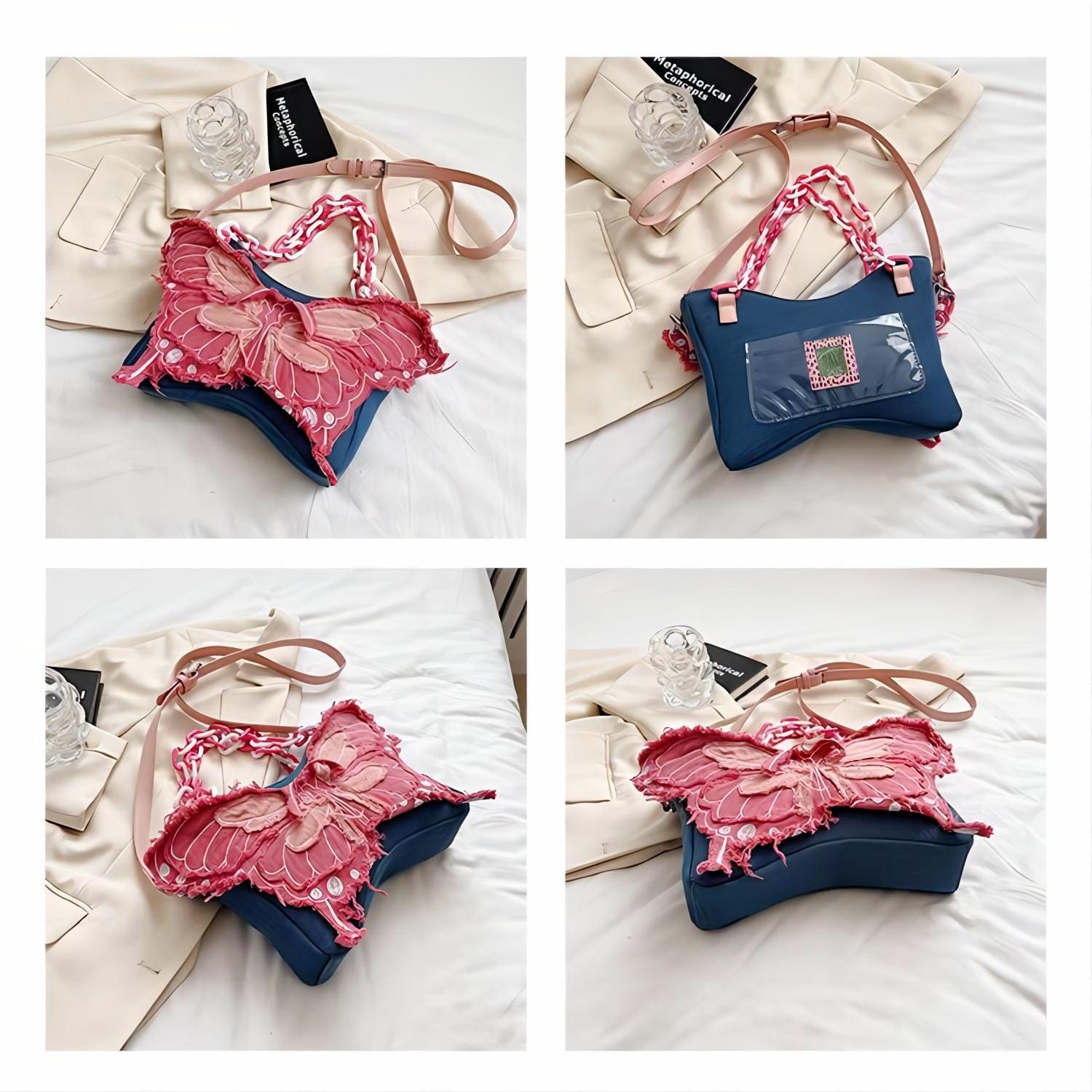 Original Pink Denim Butterfly Acrylic Chain Shoulder Crossbody Bag