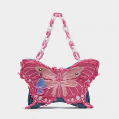 Original Pink Denim Butterfly Acrylic Chain Shoulder Crossbody Bag