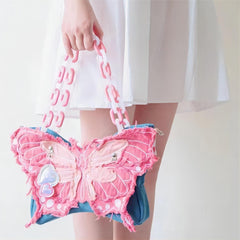 Original Pink Denim Butterfly Acrylic Chain Shoulder Crossbody Bag