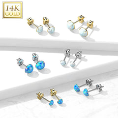 Pair Of 14KT Solid White Gold Circle Round Clawed Blue Opal Stud Earrings