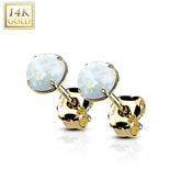 Pair Of 14KT Solid Yellow Gold Circle Round Clawed White Opal Stud Earrings