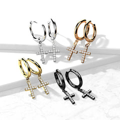 Pair Of 316L Surgical Steel Black PVD White CZ Cross Dangle Hoop Earrings