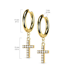 Pair Of 316L Surgical Steel Black PVD White CZ Cross Dangle Hoop Earrings