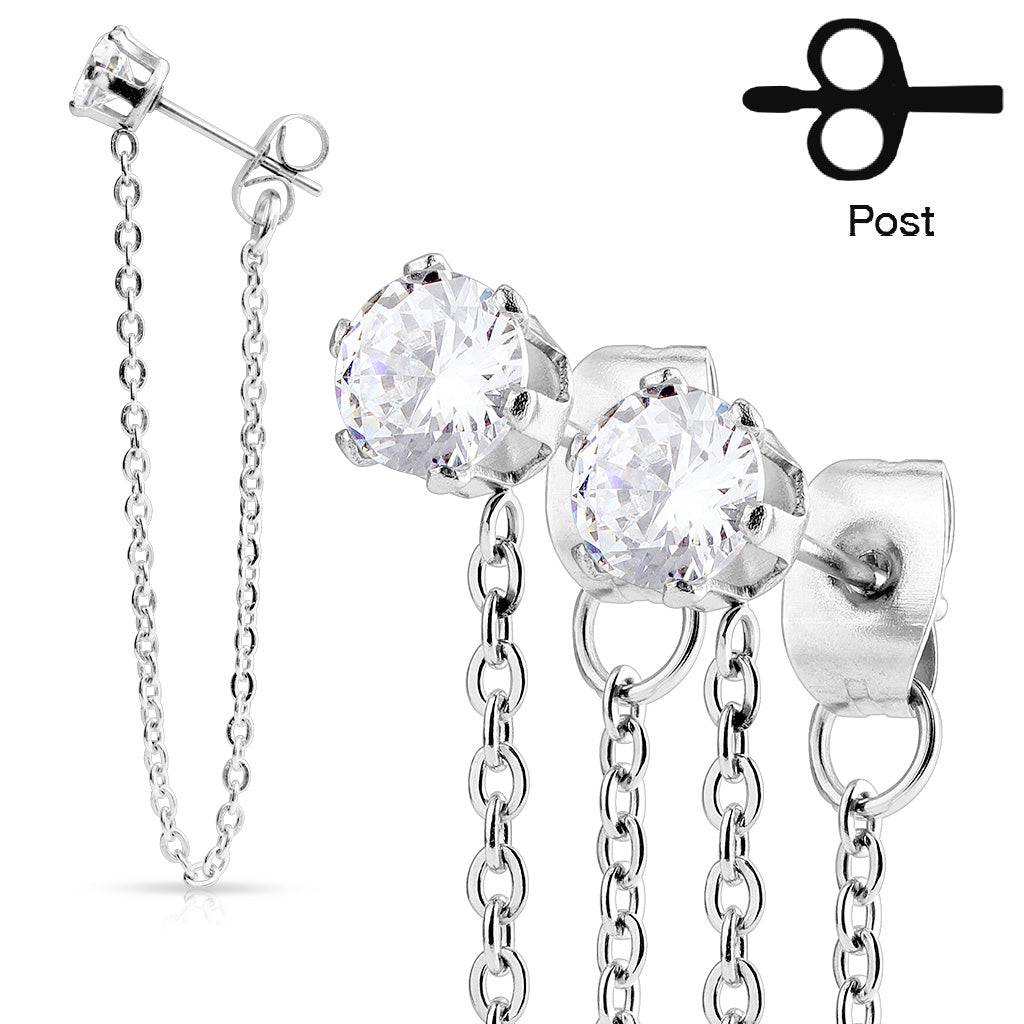Pair of 316L Surgical Steel CZ Connected Chain Stud Earrings