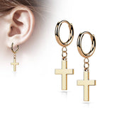Pair Of 316L Surgical Steel Rose Gold PVD Thin Hoop Earrings With Dangling Cross