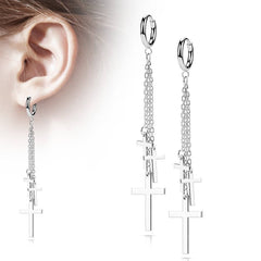 Pair Of 316L Surgical Steel Thin Hoop Earrings With Dangling Chains & Crosses