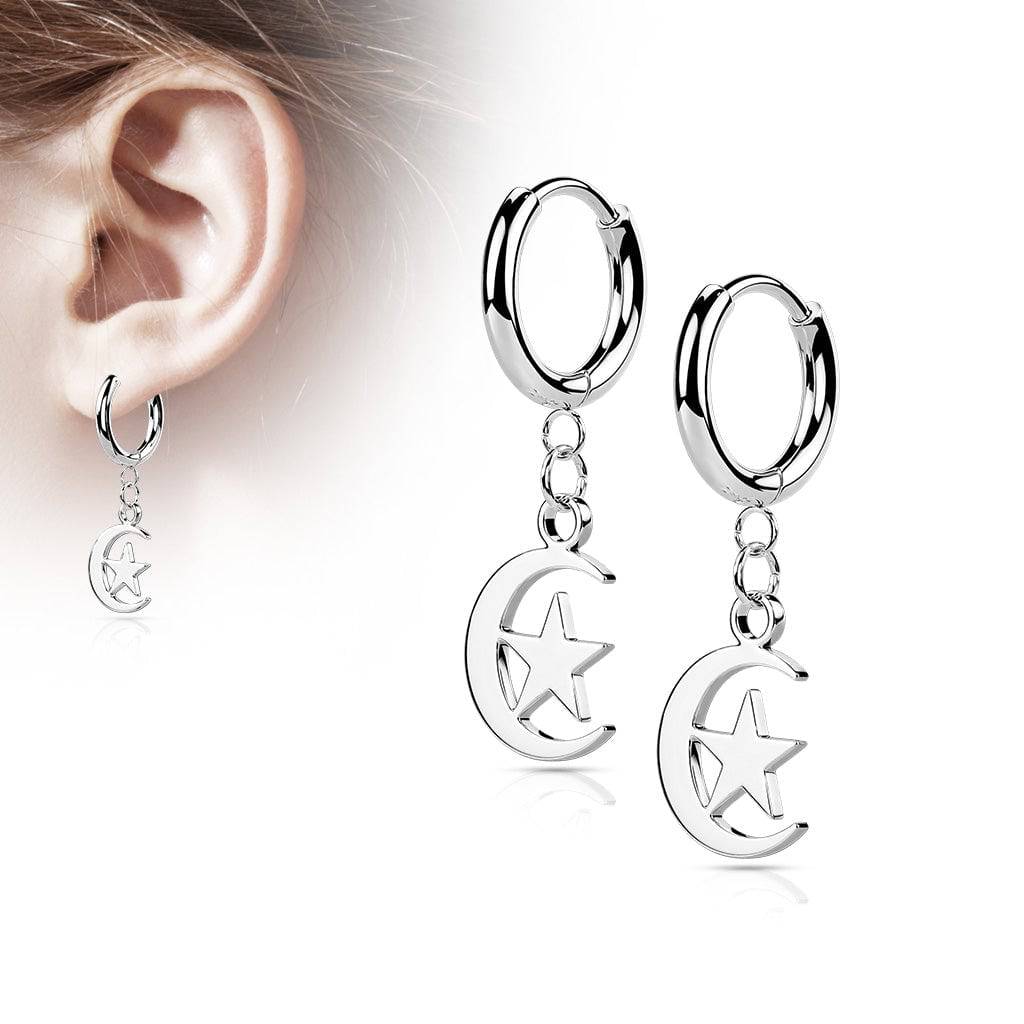 Pair Of 316L Surgical Steel Thin Hoop Earrings With Dangling Moon & Star