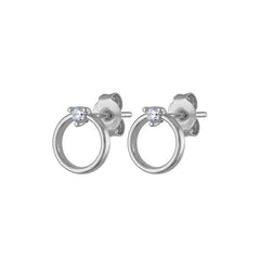 Pair Of 925 Sterling Silver Circle With White CZ Gem Minimal Stud Earrings