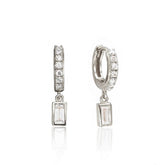 Pair of 925 Sterling Silver Diamond CZ Baguette Dangle Minimal Hoop Earrings