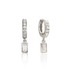Pair of 925 Sterling Silver Diamond CZ Baguette Dangle Minimal Hoop Earrings