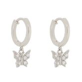 Pair of 925 Sterling Silver Diamond CZ Butterfly Dangle Minimal Hoop Earrings