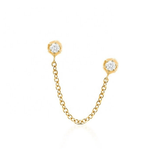 Pair of 925 Sterling Silver Double White CZ Gem with Chain Gold PVD Minimal Stud Earrings