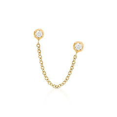 Pair of 925 Sterling Silver Double White CZ Gem with Chain Gold PVD Minimal Stud Earrings