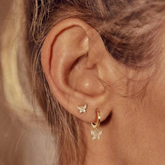 Pair of 925 Sterling Silver Gold PVD Diamond CZ Butterfly Dangle Minimal Hoop Earrings