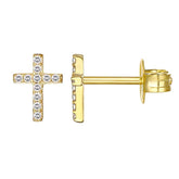 Pair Of 925 Sterling Silver Gold PVD Medium White CZ Cross Minimal Stud Earrings
