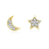 Pair of 925 Sterling Silver Gold PVD Medium White CZ Star & Moon Minimal Earrings