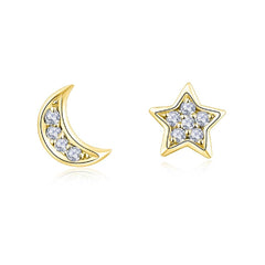 Pair of 925 Sterling Silver Gold PVD Medium White CZ Star & Moon Minimal Earrings
