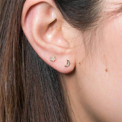 Pair of 925 Sterling Silver Gold PVD Medium White CZ Star & Moon Minimal Earrings