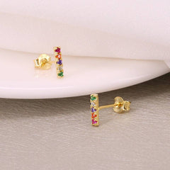 Pair Of 925 Sterling Silver Gold PVD Multi-Colour CZ Line Minimal Stud Earrings