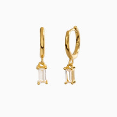 Pair Of 925 Sterling Silver Gold PVD White CZ Baguette Dangle Minimal Hoop Earrings