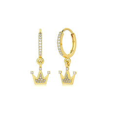 Pair Of 925 Sterling Silver Gold PVD White CZ Crown Dangle Minimal Hoop Earrings