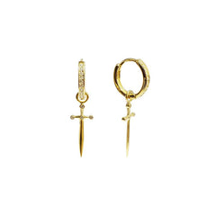 Pair Of 925 Sterling Silver Gold PVD White CZ Dagger Dangle Minimal Hoop Earrings