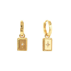 Pair Of 925 Sterling Silver Gold PVD White CZ Pendant Starburst Dangle Minimal Hoop Earrings
