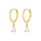 Pair Of 925 Sterling Silver Gold PVD White CZ Teardrop Dangle Minimal Hoop Earrings