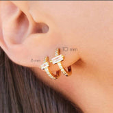 Pair Of 925 Sterling Silver Gold PVD White CZ With Baguette Gem Center Minimal Hoop Earrings