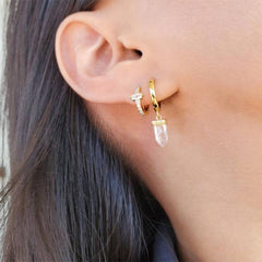 Pair Of 925 Sterling Silver Gold PVD White CZ With Baguette Gem Center Minimal Hoop Earrings