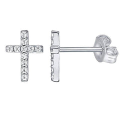 Pair Of 925 Sterling Silver Medium White CZ Cross Minimal Stud Earrings