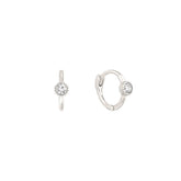 Pair Of 925 Sterling Silver Simple White Circle CZ Bezel Gem Minimal Hoop Earrings
