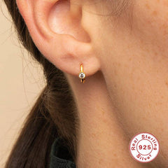 Pair Of 925 Sterling Silver Simple White Circle CZ Bezel Gem Minimal Hoop Earrings