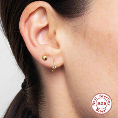 Pair Of 925 Sterling Silver Simple White Circle CZ Bezel Gem Minimal Hoop Earrings
