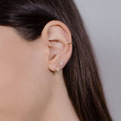 Pair of 925 Sterling Silver Small White CZ Gold PVD  Flower Minimal Hinged Huggy Dainty Hoop Earrings