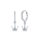 Pair Of 925 Sterling Silver White CZ Crown Dangle Minimal Hoop Earrings