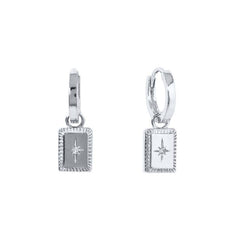 Pair Of 925 Sterling Silver White CZ Pendant Starburst Dangle Minimal Hoop Earrings