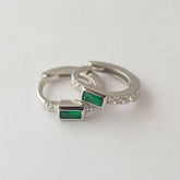 Pair Of 925 Sterling Silver White CZ With Green Bezel Baguette Gem Minimal Hoop Earrings