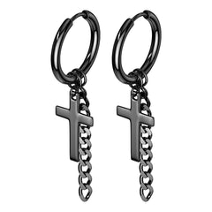 Pair of Black Surgical Steel Cross & Chain Dangle Hoop Earrings