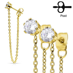 Pair of Gold Plated Surgical Steel CZ Connected Chain Stud Earrings