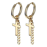 Pair of Gold Surgical Steel Cross & Chain Dangle Hoop Earrings