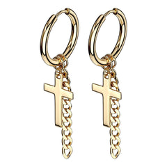 Pair of Gold Surgical Steel Cross & Chain Dangle Hoop Earrings
